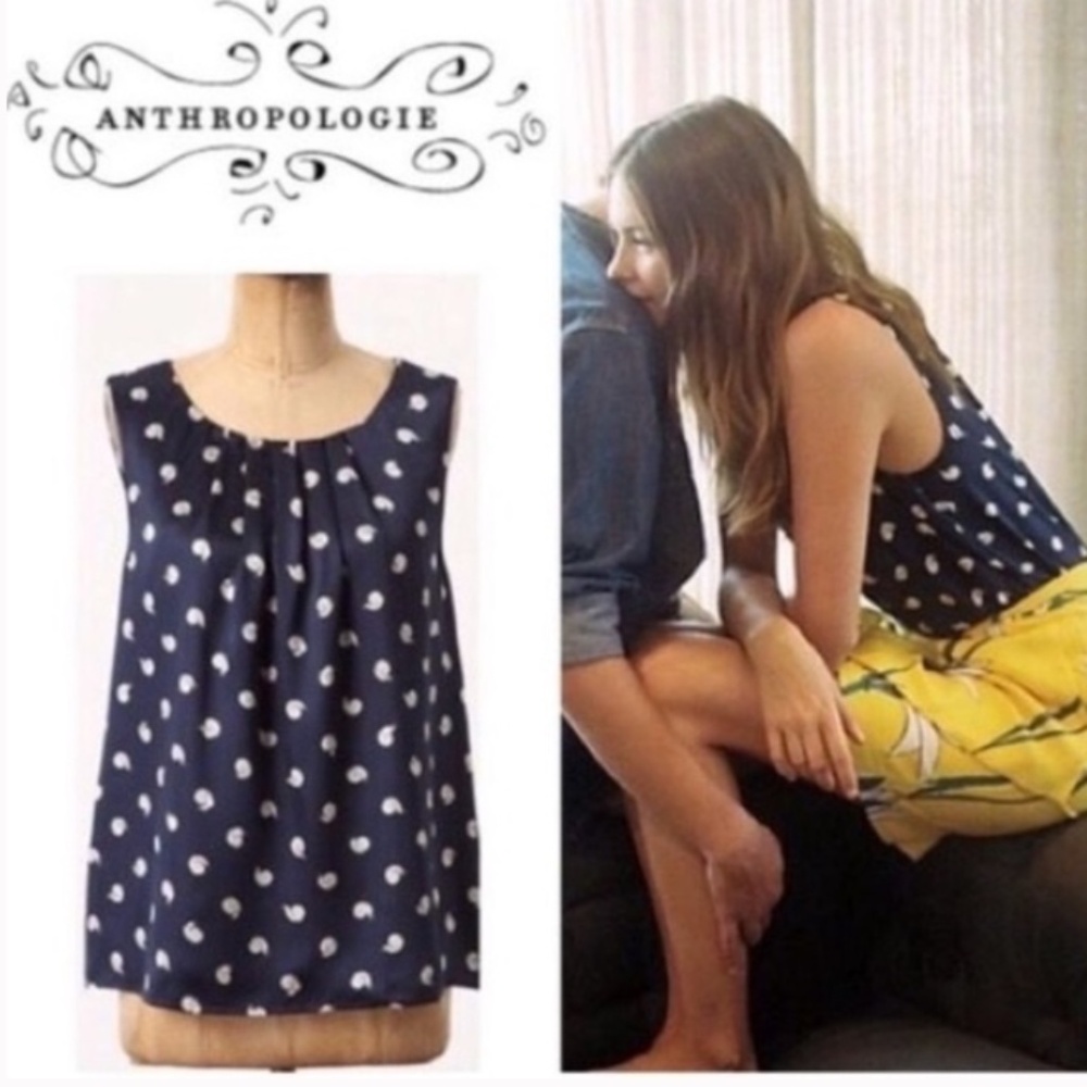 Anthropologie 100% silk navy blue white sleeveless top blouse nautical preppy 6